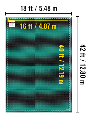VEVOR baseina aizsargpārklājs ar izmēriem 18 ft x 42 ft, iekšējā zona 16 ft x 40 ft.