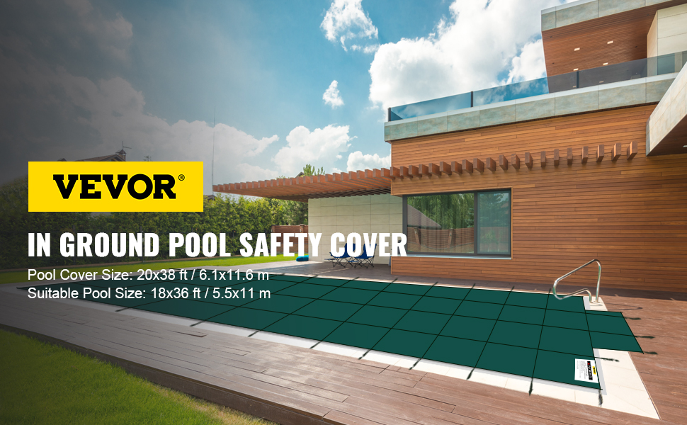 VEVOR pool safety cover on modern house with wooden deck and glass balcony.