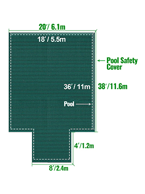 green VEVOR pool safety cover diagram with dimensions in feet and meters.