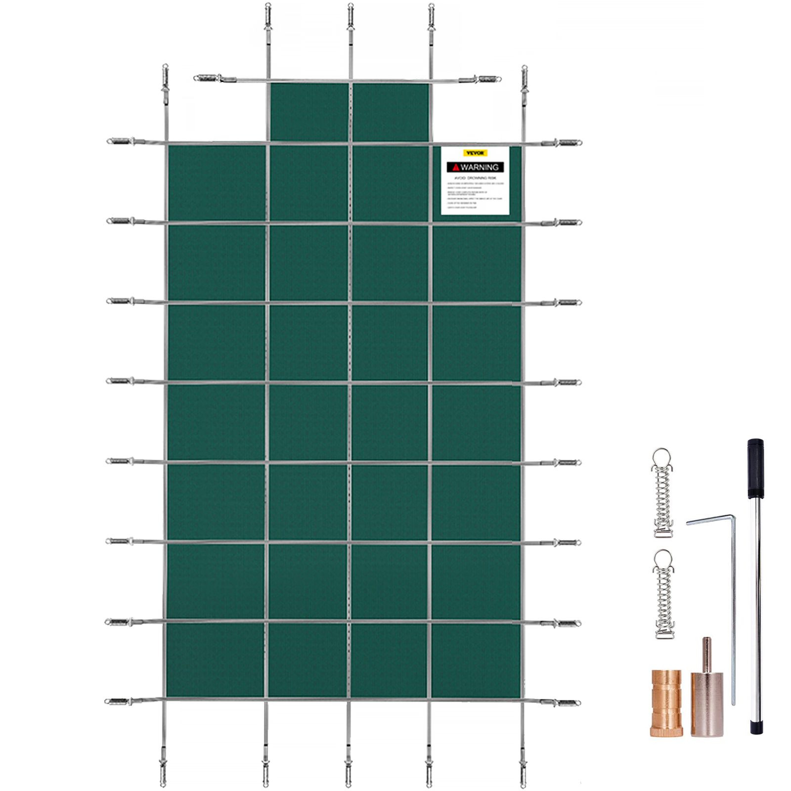 VEVOR pool safety cover in green with installation kit and warning label.