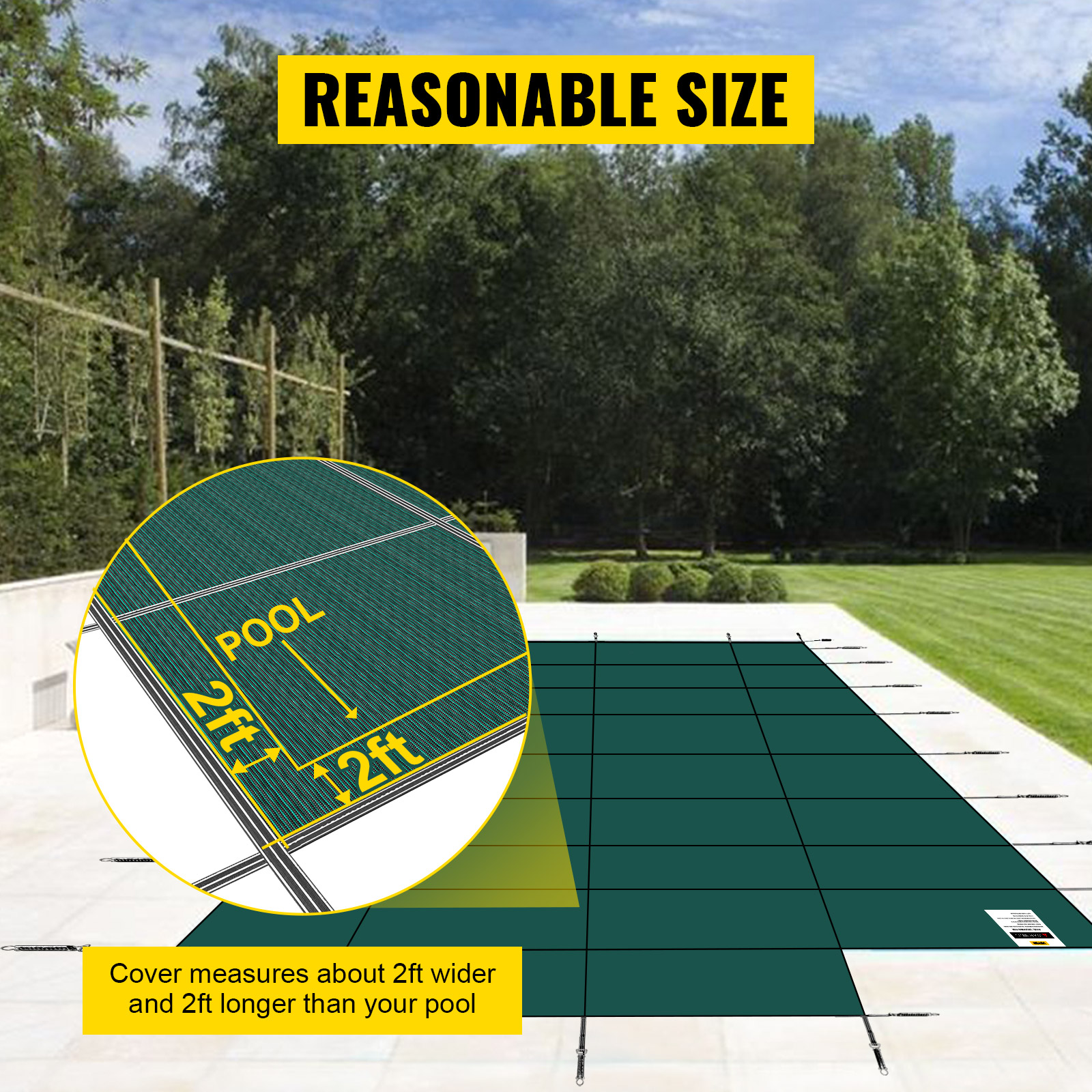 VEVOR pool safety cover highlighting 2ft extension on all sides, lush garden backdrop.