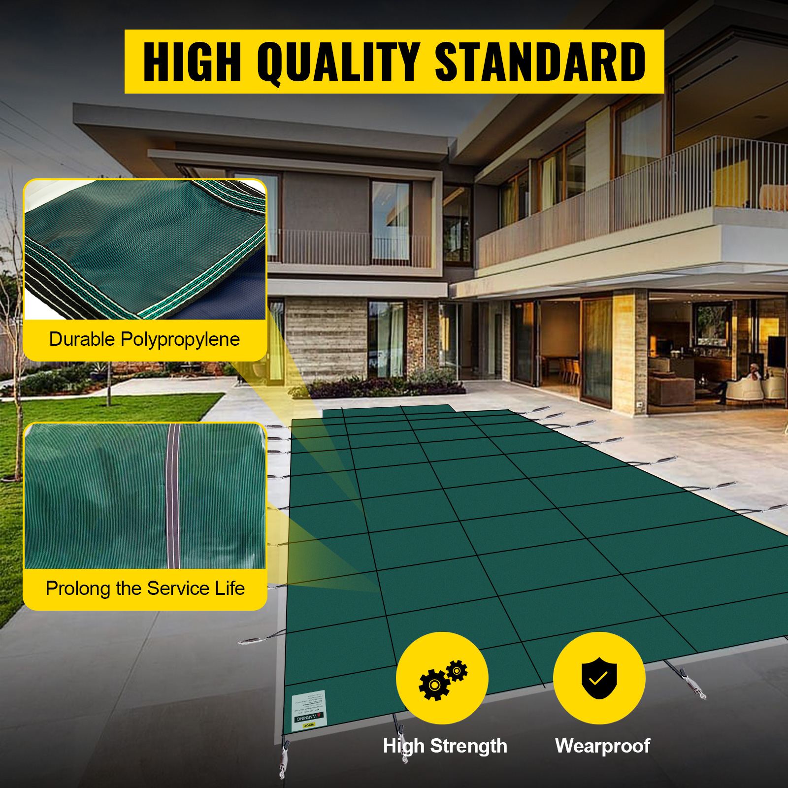 VEVOR pool safety cover with high strength, durable polypropylene, and wearproof features.