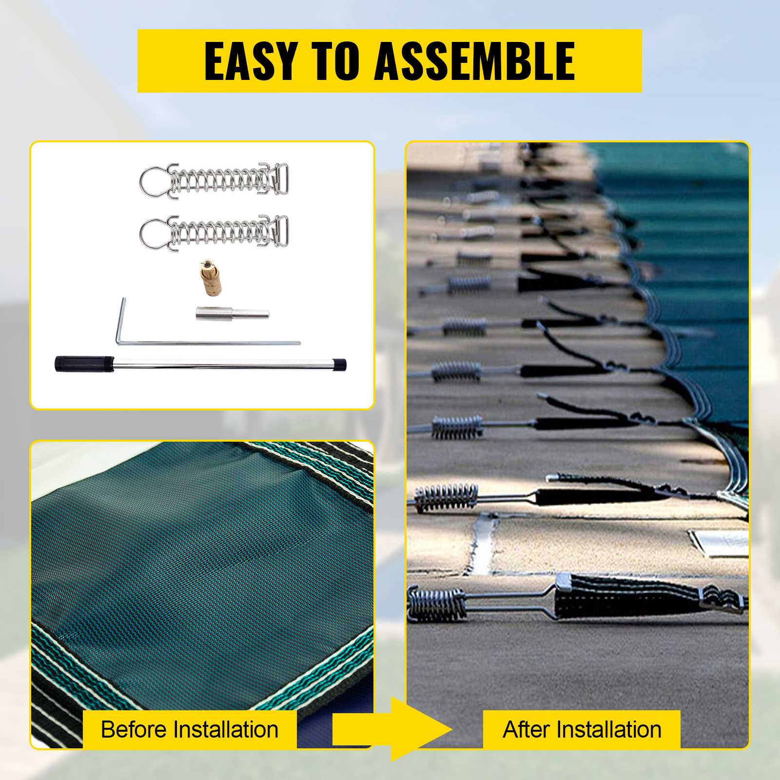 VEVOR pool safety cover installation kit with before and after setup visuals. easy to assemble.