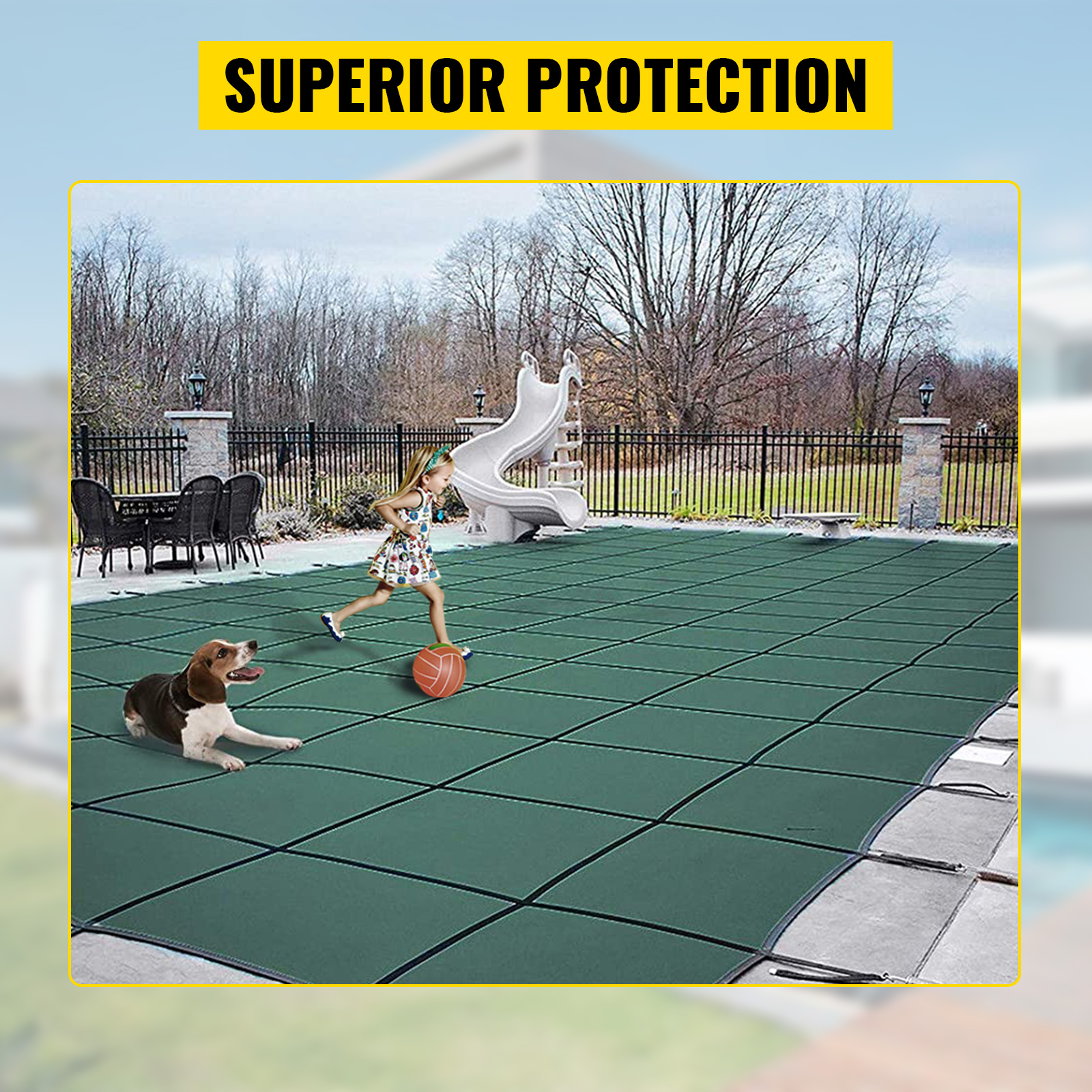 VEVOR pool safety cover providing superior protection with a child and dog on top.