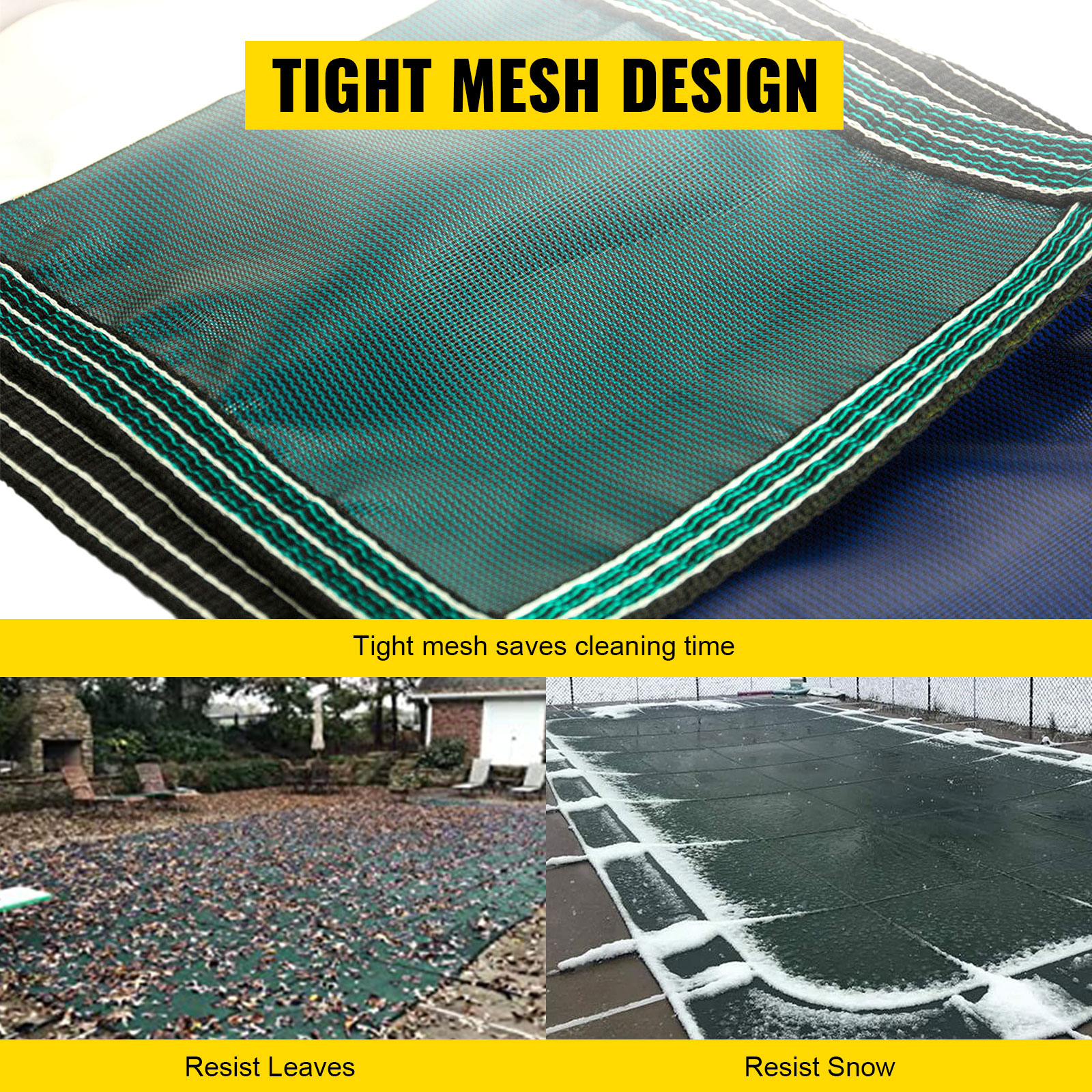 VEVOR pool safety cover with tight mesh design, resists leaves and snow.