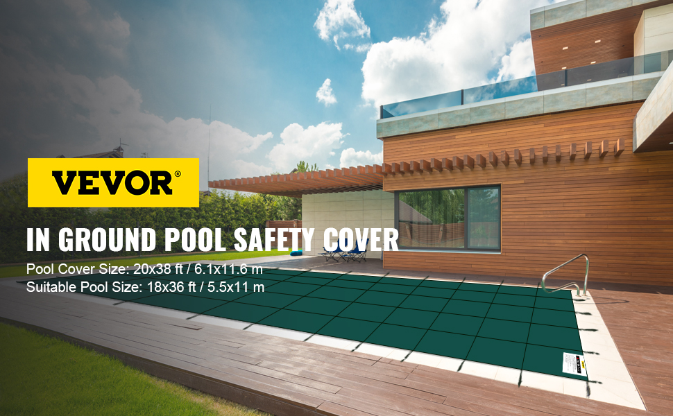 modern backyard with a VEVOR pool safety cover on the in-ground pool amid wooden deck.