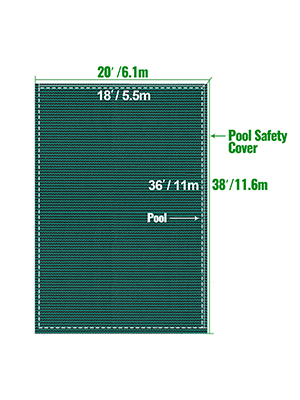 VEVOR pool safety cover dimensions: 20x38ft, mesh design, labeled sections.