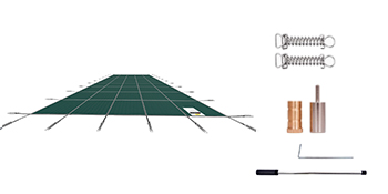 green VEVOR pool safety cover with installation hardware including springs and tools.