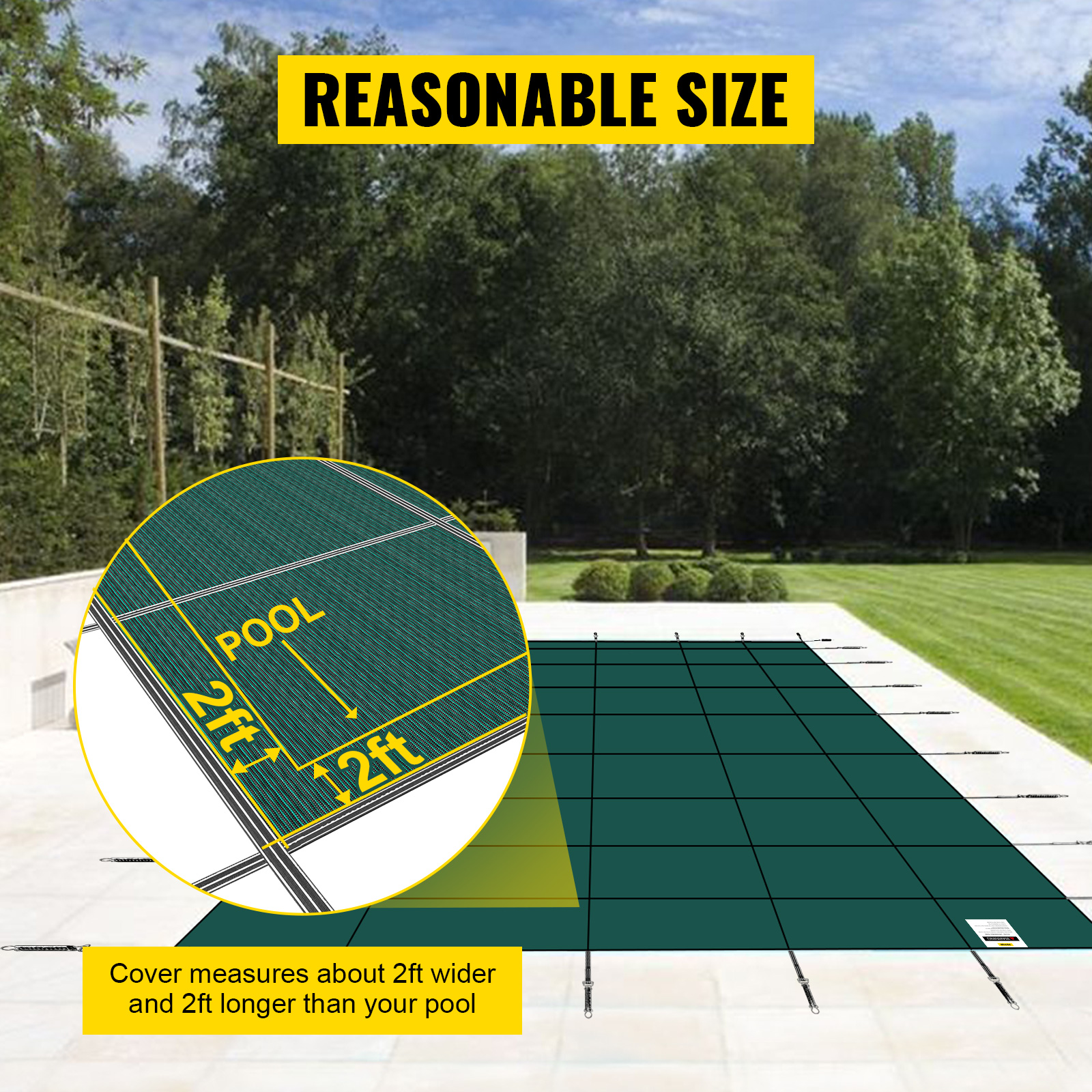 VEVOR pool safety cover showing dimensions and installed over a backyard pool.