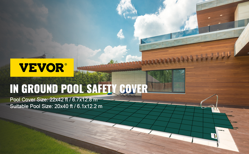 VEVOR pool safety cover over an inground pool beside a modern wooden house.