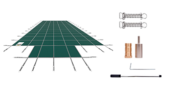green VEVOR pool safety cover with springs, hardware, and installation tools.