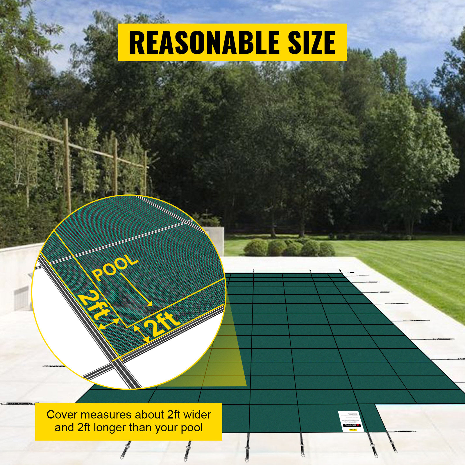 VEVOR pool safety cover: larger size by 2ft on each side for optimal coverage.