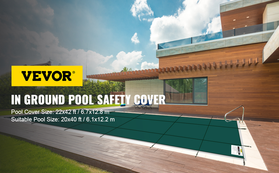 modern house with VEVOR pool safety cover installed, clear skies, and wooden deck.