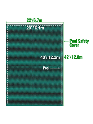 VEVOR pool safety cover dimensions: 22'/6.7m x 40'/12.2m pool area, 42'/12.8m cover.