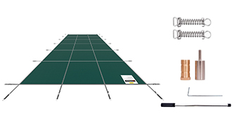 green VEVOR pool safety cover with springs, tools, and installation hardware.