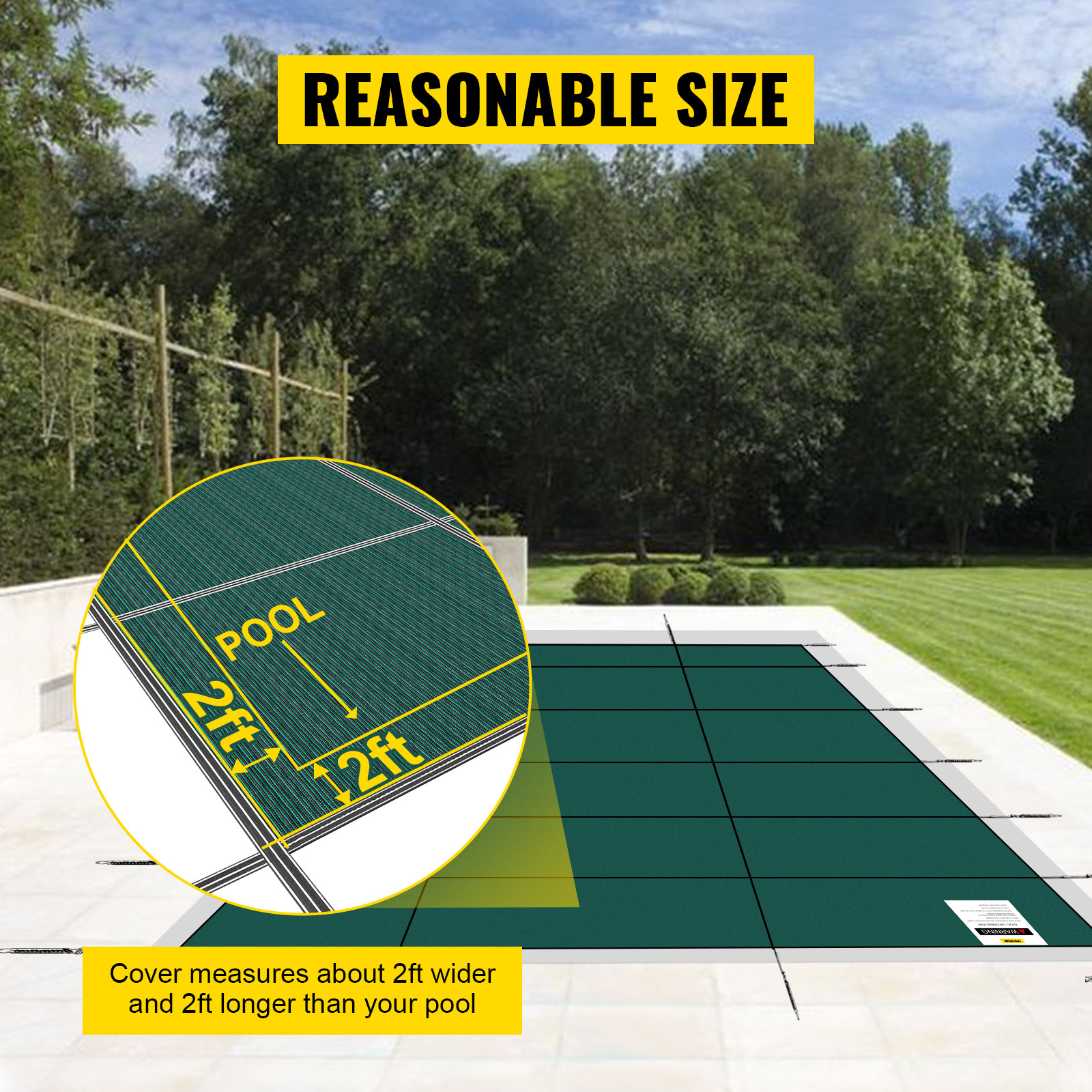 VEVOR pool safety cover displayed with measurement details in a backyard setting.
