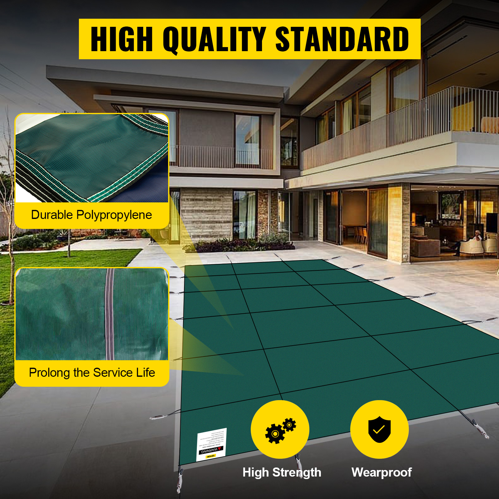 VEVOR pool safety cover showcasing durable polypropylene, high strength, and wearproof design.
