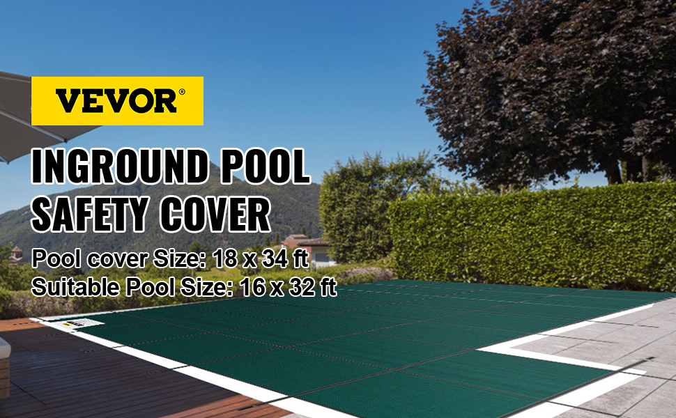 VEVOR pool safety cover for inground pools, 18 x 34 ft, suitable for pools 16 x 32 ft, outdoors.