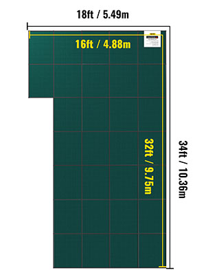 green rectangular VEVOR pool safety cover with dimensions labeled 18ft x 34ft and 16ft x 32ft.