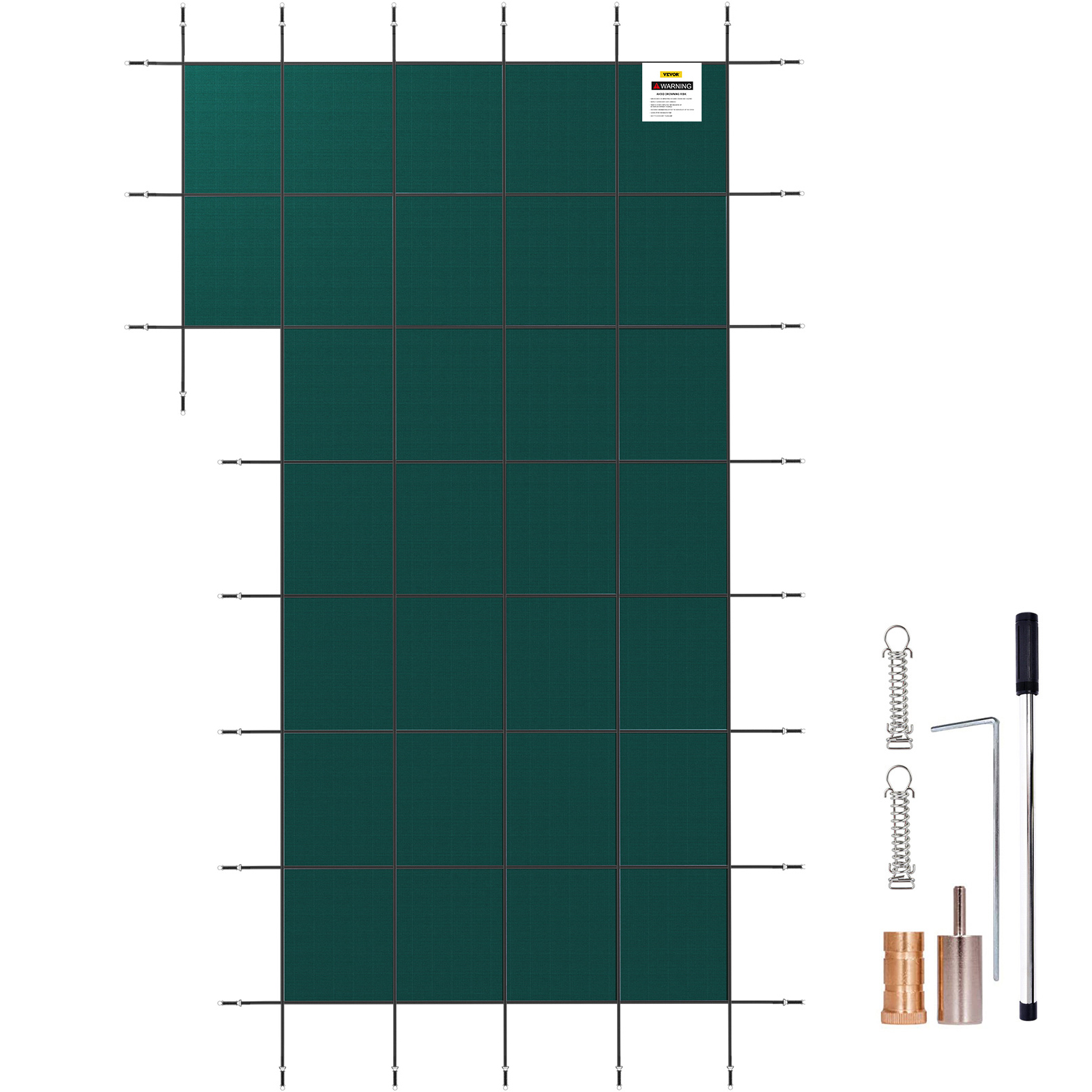green VEVOR pool safety cover with installation tools and hardware set.