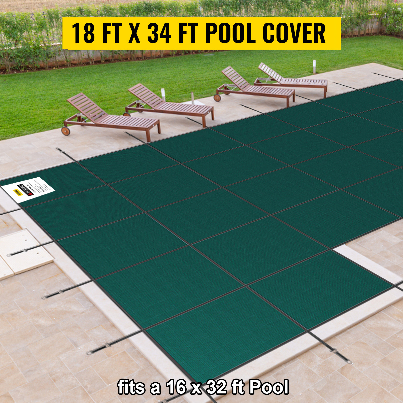 VEVOR pool safety cover for 16x32 ft pool, green, installed on a patio with lounge chairs nearby.