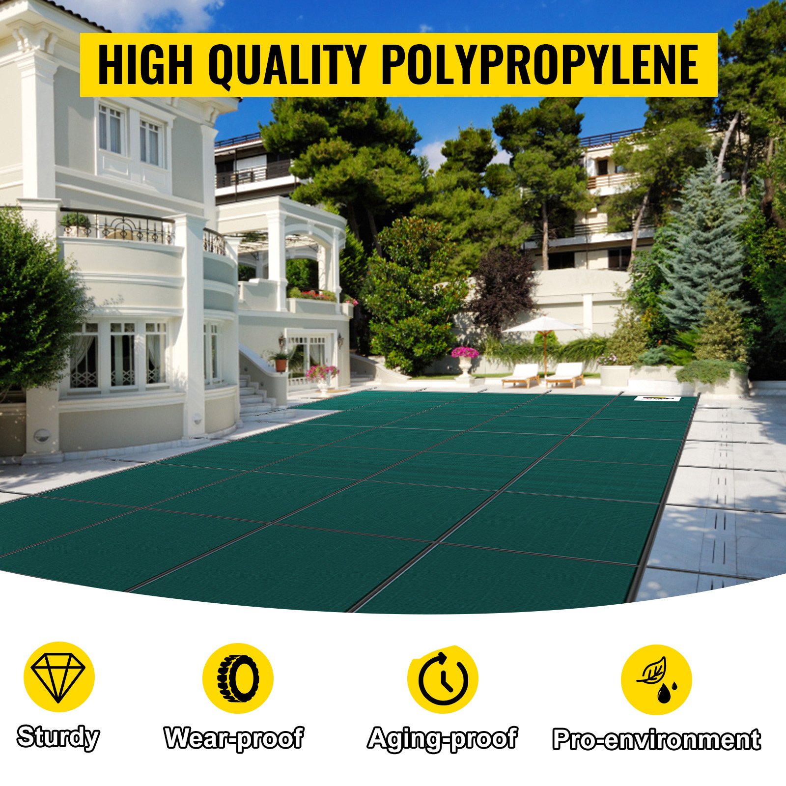 VEVOR pool safety cover over luxury pool with benefits: sturdy, wear-proof, aging-proof, pro-environment.