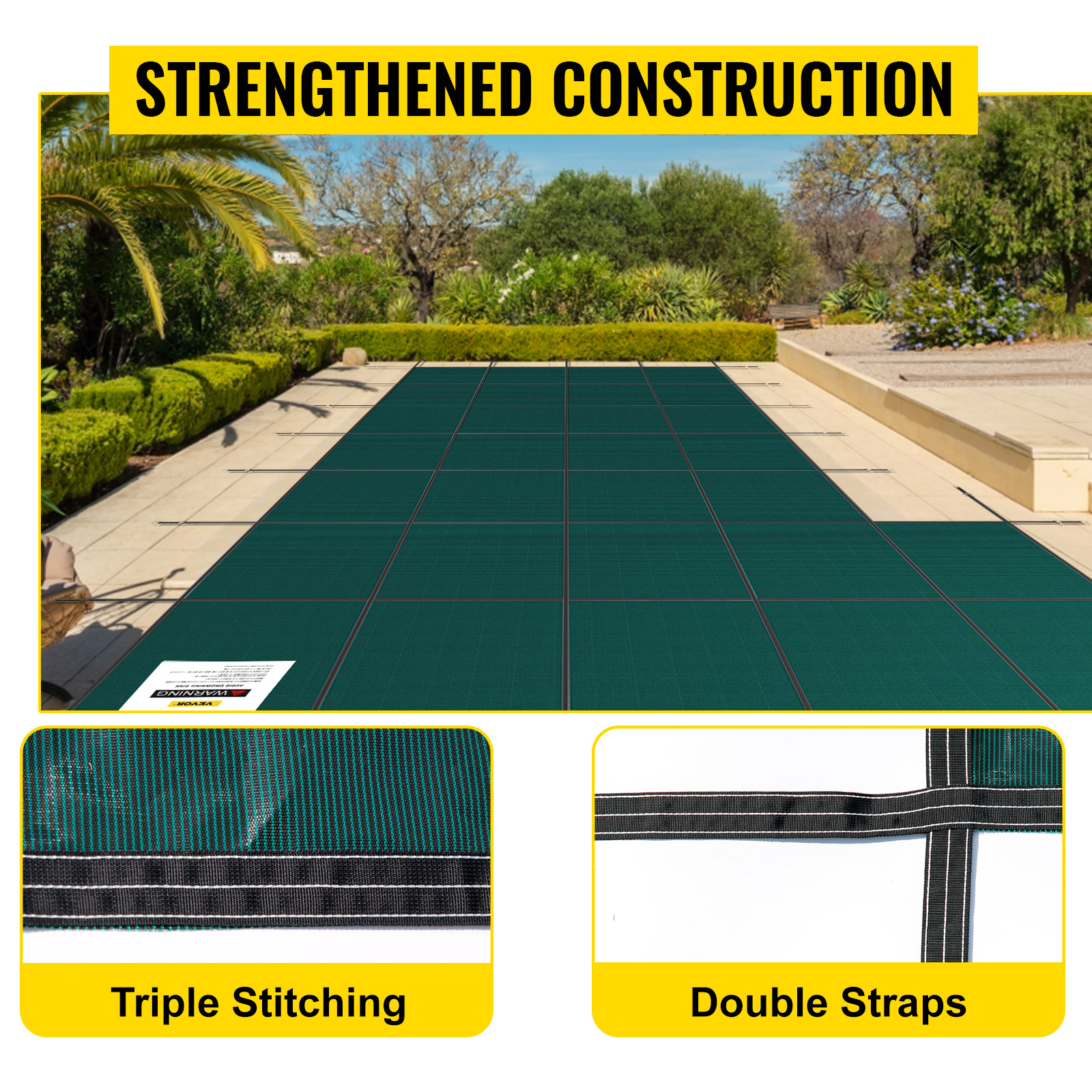 VEVOR pool safety cover installed with triple stitching and double straps for strengthened construction.