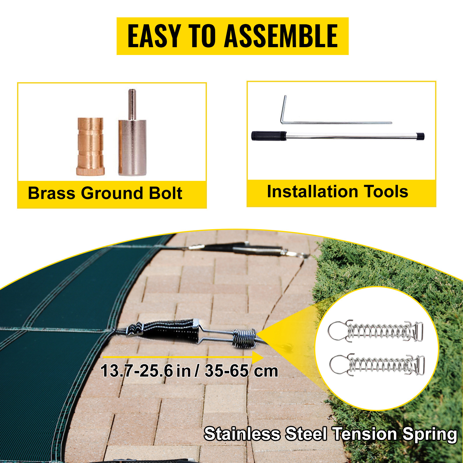 easy-to-assemble VEVOR pool safety cover with brass ground bolts, installation tools, and tension springs.