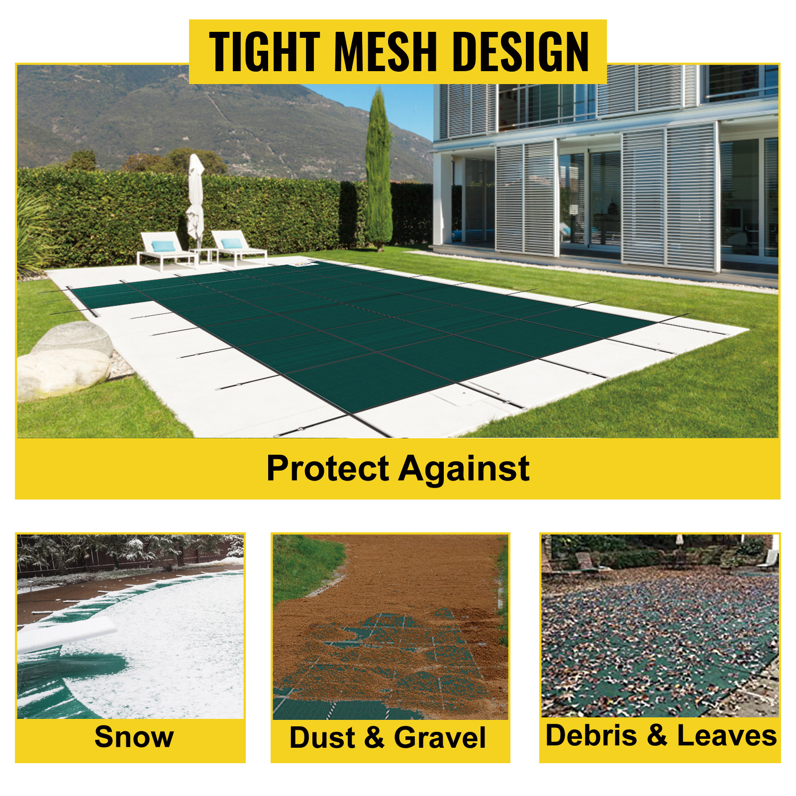 VEVOR pool safety cover with tight mesh design protecting against snow, dust, gravel, debris, and leaves.