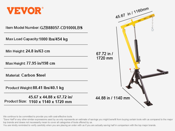 VEVOR hydraulic pickup truck crane, 1000 lbs capacity, carbon steel, dimensions 1160 x 1140 x 1720 mm.