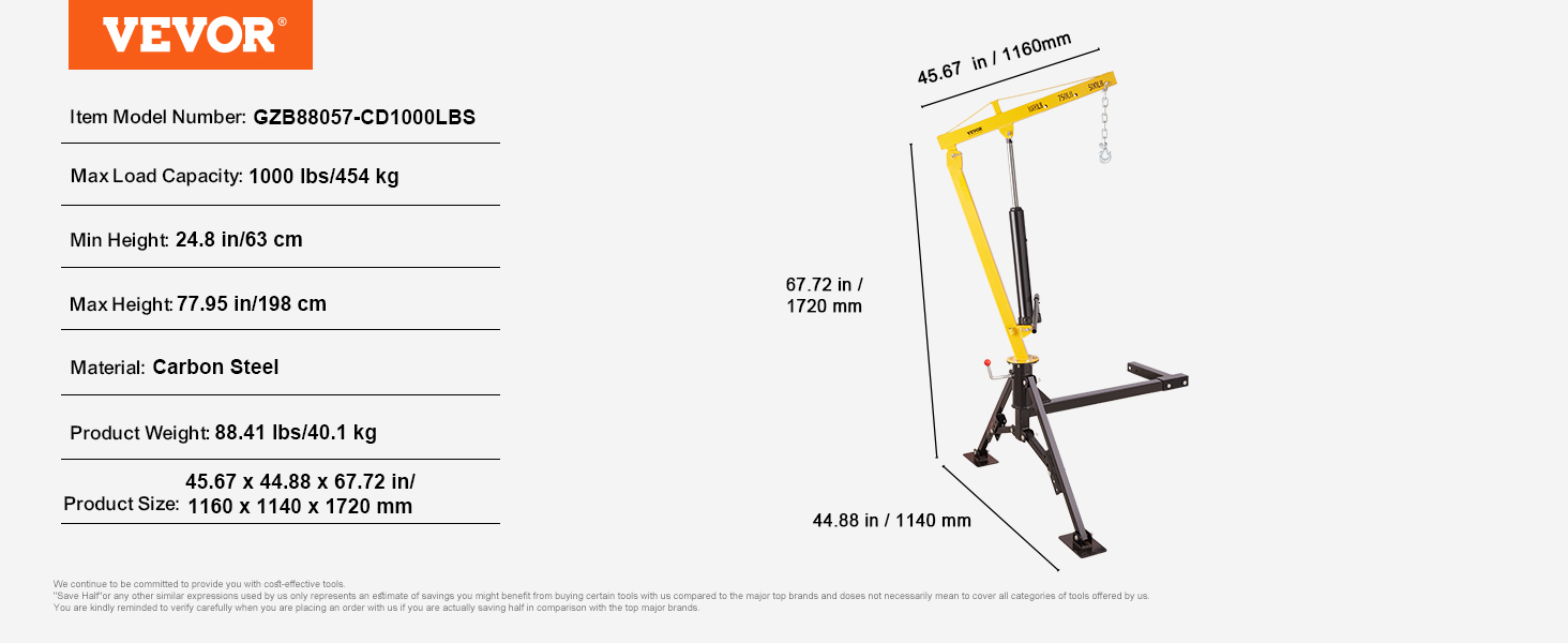 VEVOR hydraulic pickup truck crane, 1000 lbs capacity, carbon steel, dimensions 1160 x 1140 x 1720 mm.