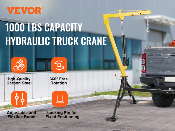 VEVOR hydraulic pickup truck crane with 1000 lbs capacity, adjustable boom, and 360° rotation.
