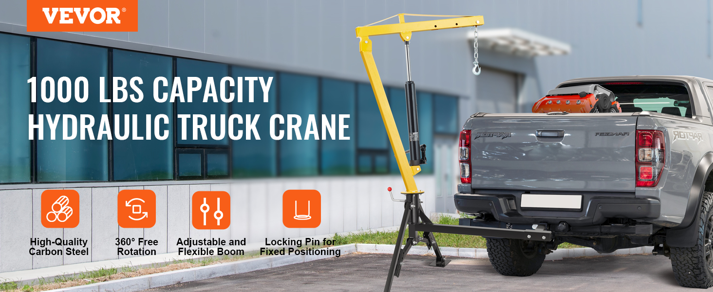 VEVOR hydraulic pickup truck crane with 1000 lbs capacity, adjustable boom, and 360° rotation.
