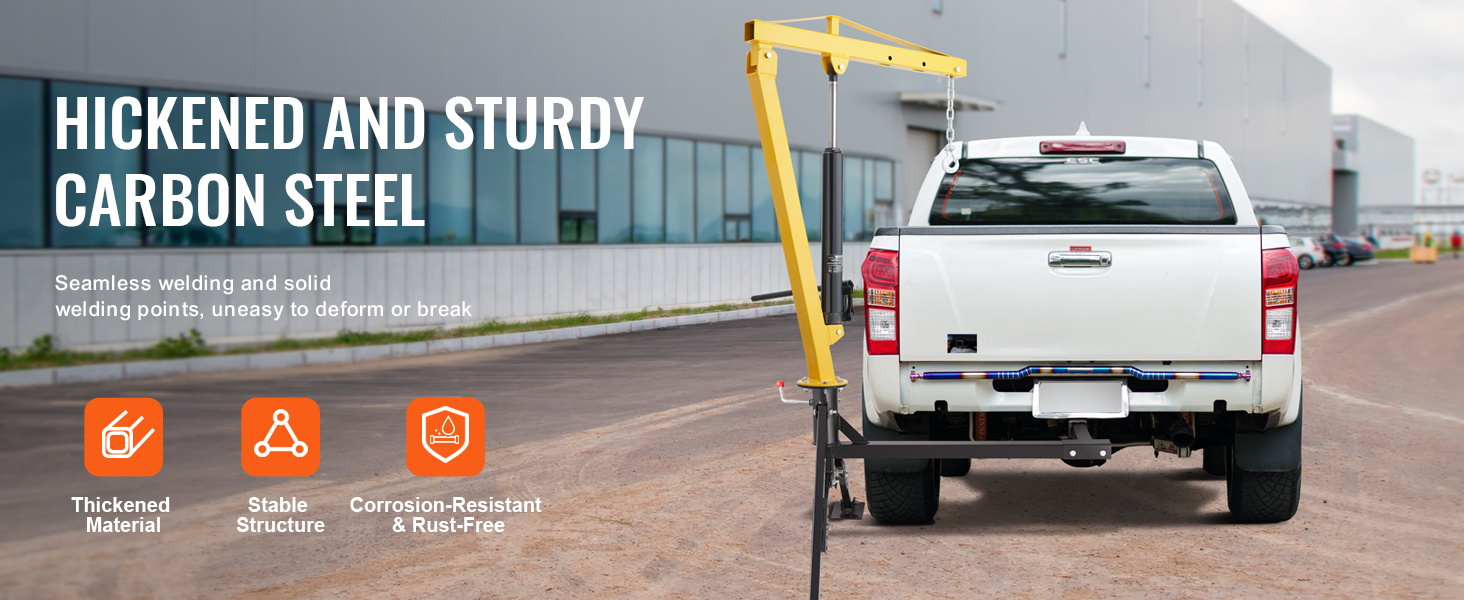 thickened carbon steel, seamless welding VEVOR hydraulic pickup truck crane mounted on white truck.