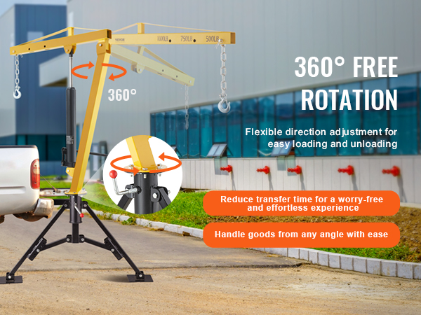 VEVOR hydraulic pickup truck crane with 360° rotation for easy loading and unloading near building.