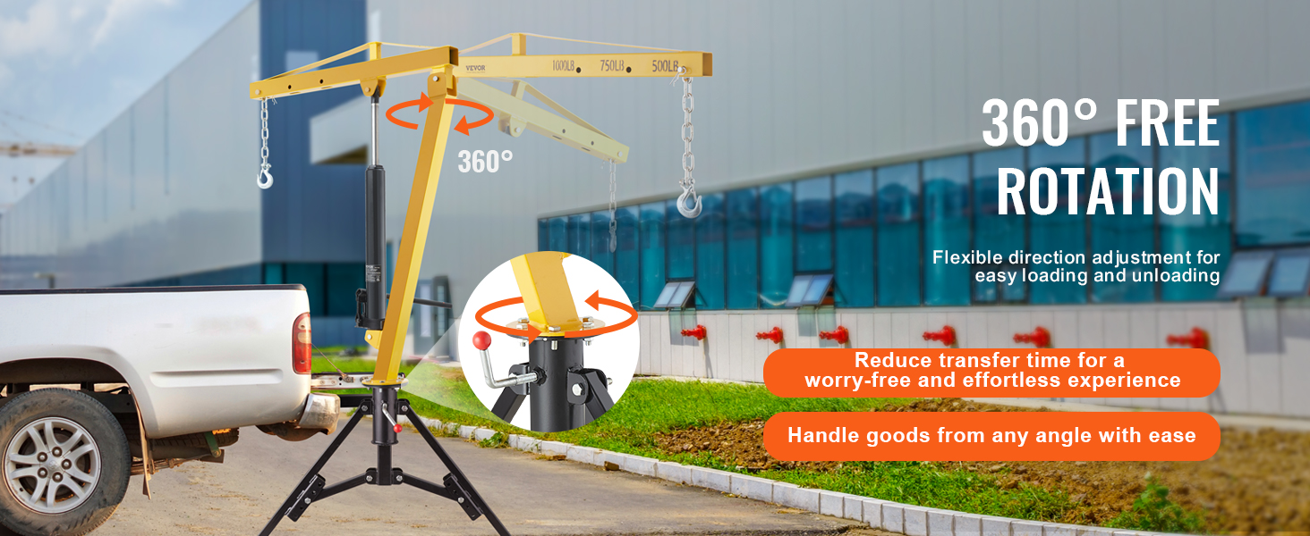 VEVOR hydraulic pickup truck crane with 360° rotation for easy loading and unloading near building.