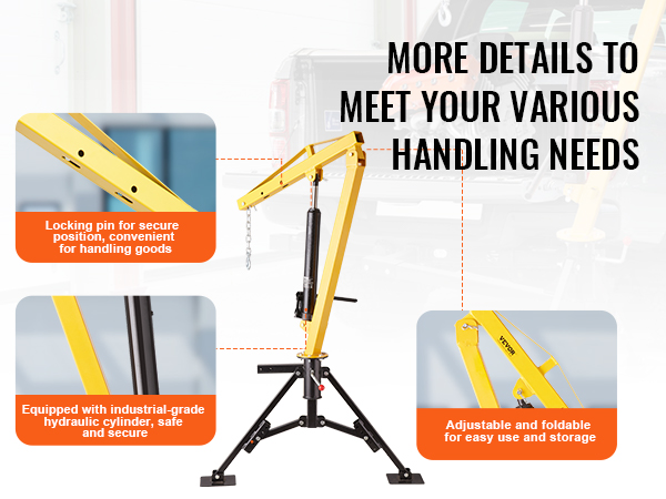 VEVOR hydraulic pickup truck crane with locking pin, industrial-grade hydraulic cylinder, and foldable design.