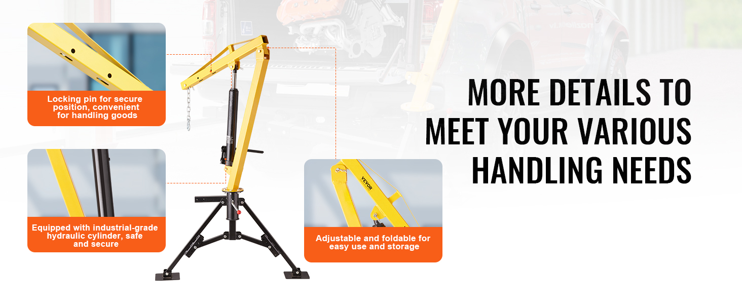 VEVOR hydraulic pickup truck crane with locking pin, industrial-grade hydraulic cylinder, and foldable design.