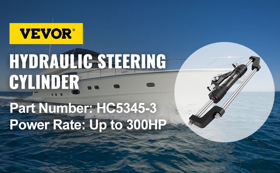 VEVOR hydraulic steering cylinder for boats, part number hc5345-3, up to 300hp.