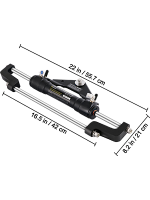black VEVOR hydraulic steering cylinder with measurements 22x16.5x8.2 inches.