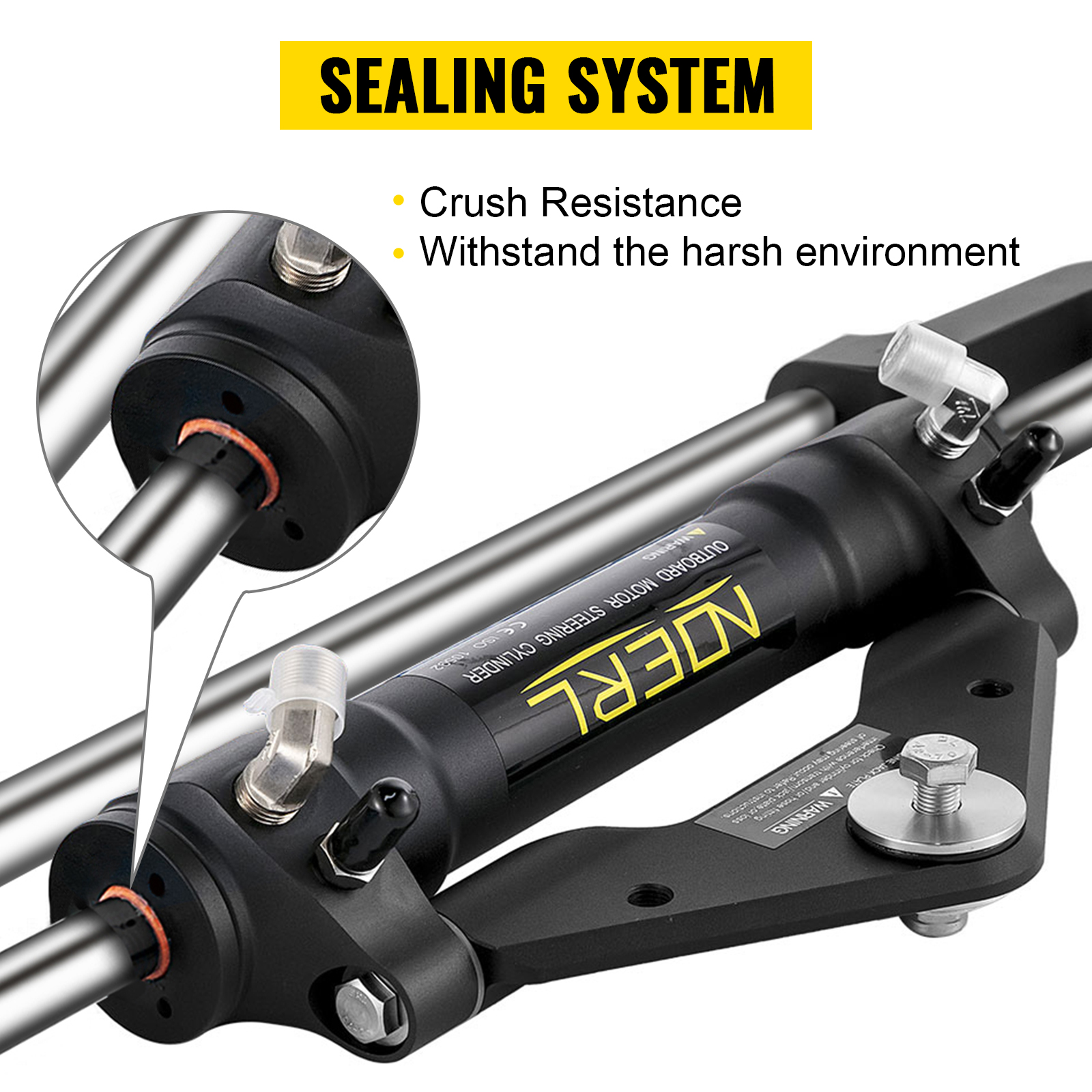 VEVOR hydraulic steering cylinder with crush resistance and durable sealing system.