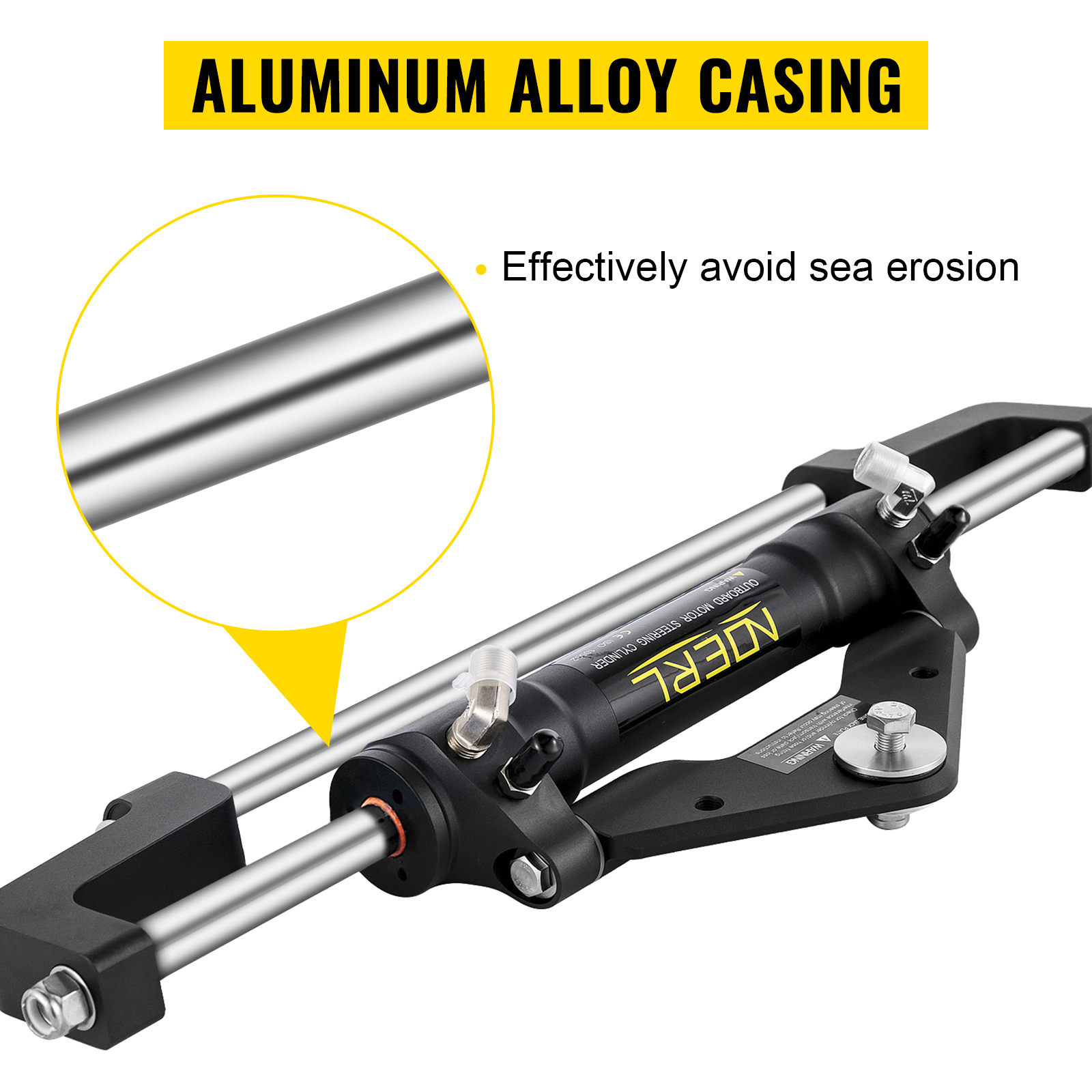 VEVOR hydraulic steering cylinder with aluminum alloy casing to avoid sea erosion.