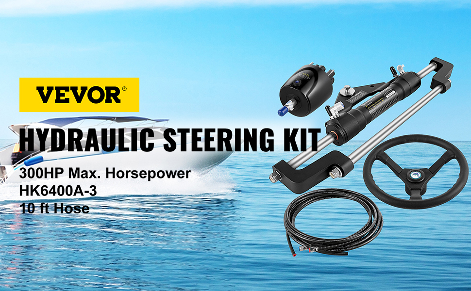 VEVOR hydraulic boat steering kit 300hp with wheel, hose, and torque.