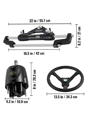 VEVOR hydraulic boat steering kit components and measurements in black.