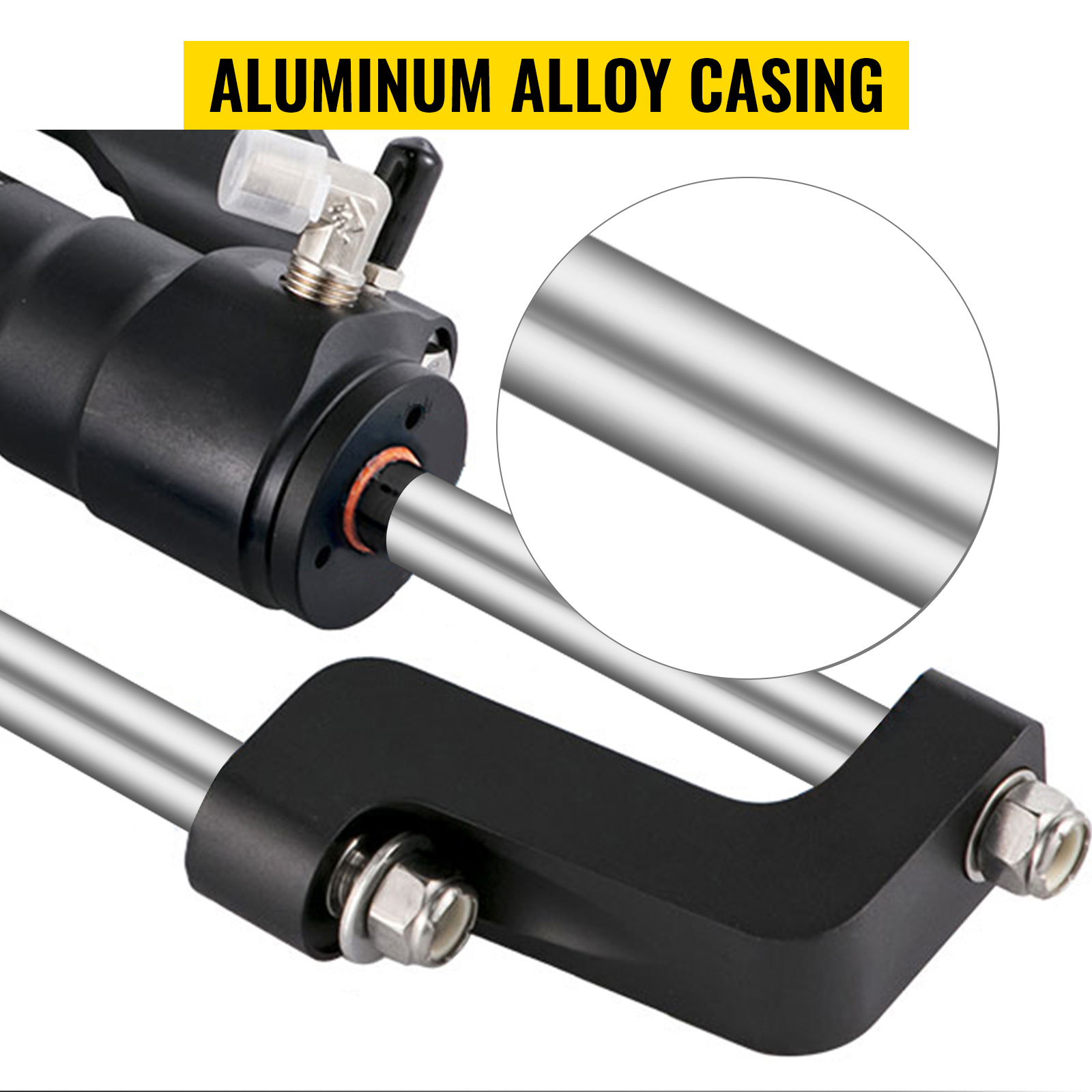close-up of VEVOR hydraulic boat steering kit with aluminum alloy casing details.