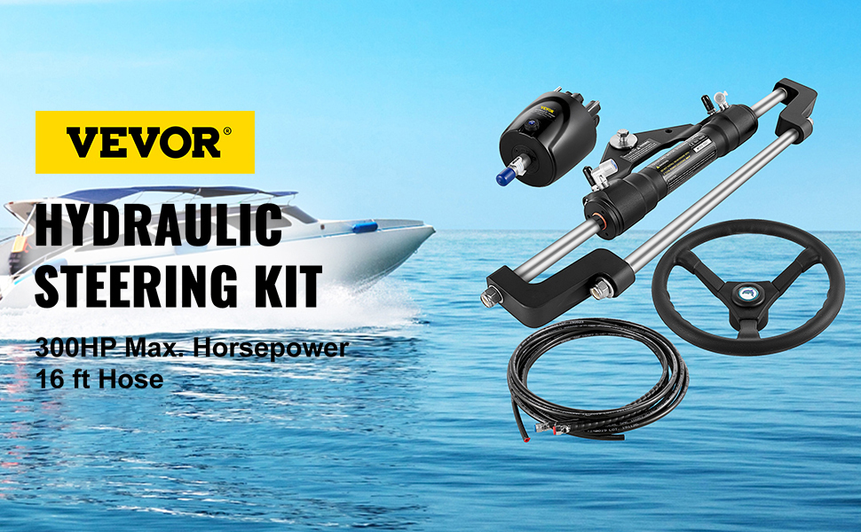 VEVOR hydraulic outboard steering kit with 300hp max horsepower, 16 ft hose, boat on water