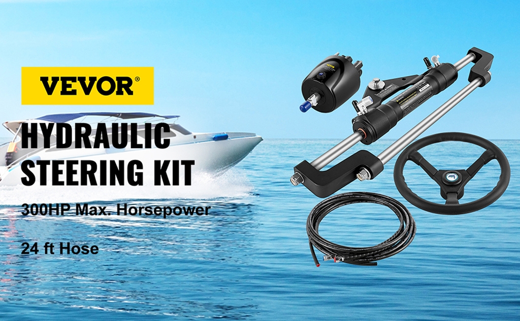 VEVOR hydraulic boat steering kit with components, boat on water background, 300hp max.