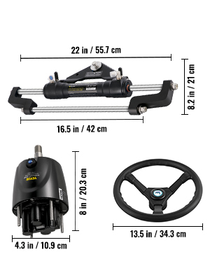 VEVOR hydraulic boat steering kit with dimensions of components illustrated.