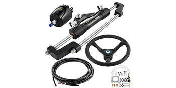 VEVOR hydraulic boat steering kit with wheel, fitting accessories, and hoses.
