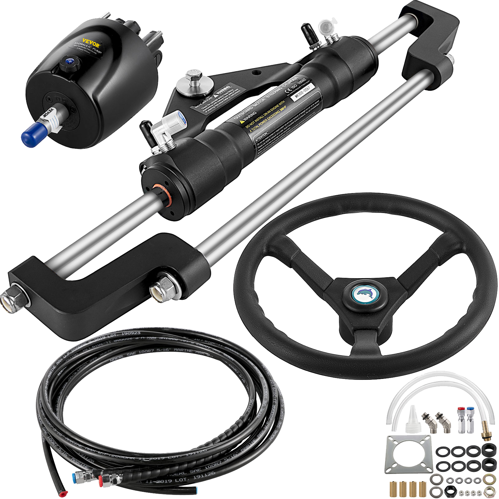 VEVOR hydraulic boat steering kit with wheel, cylinder, hose, and hardware.